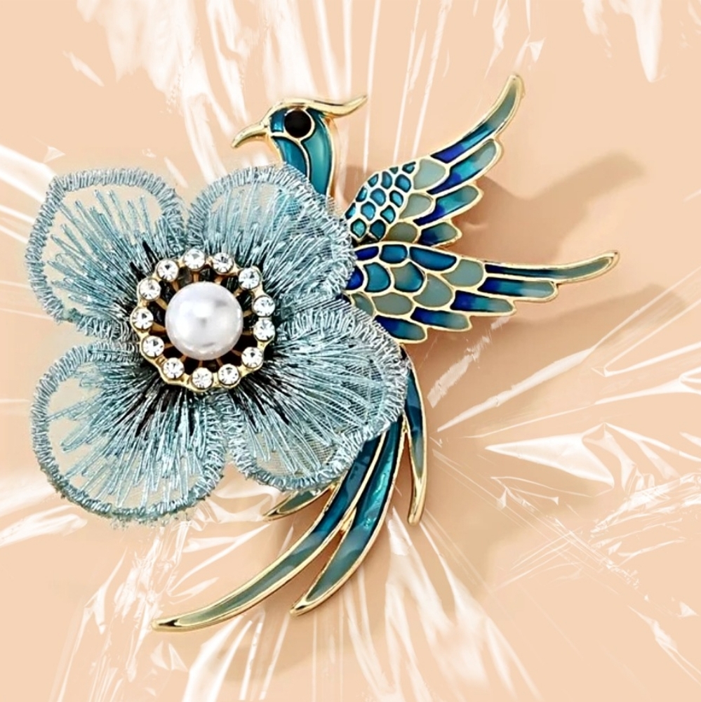 Brooch ✦ Flower Pearl Rhinestone Bird ✦ Blue Crystal Shabby Chic Statement Pin